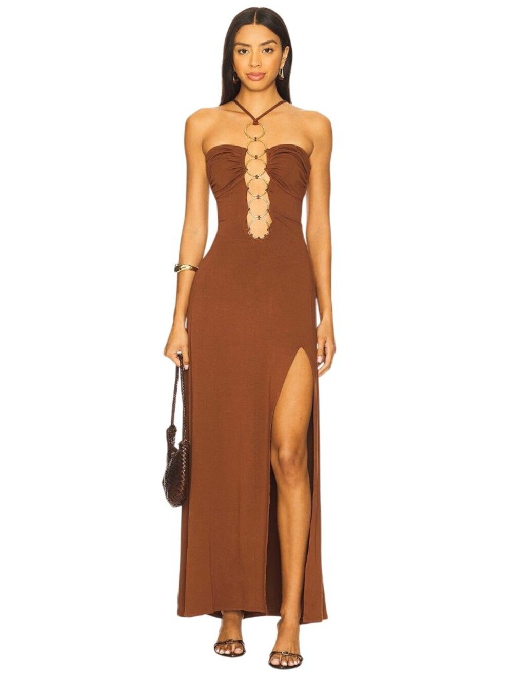 Luli Fama Velvet Shores Halter Ring Long Dress in Brown Small New Womens Maxi Go